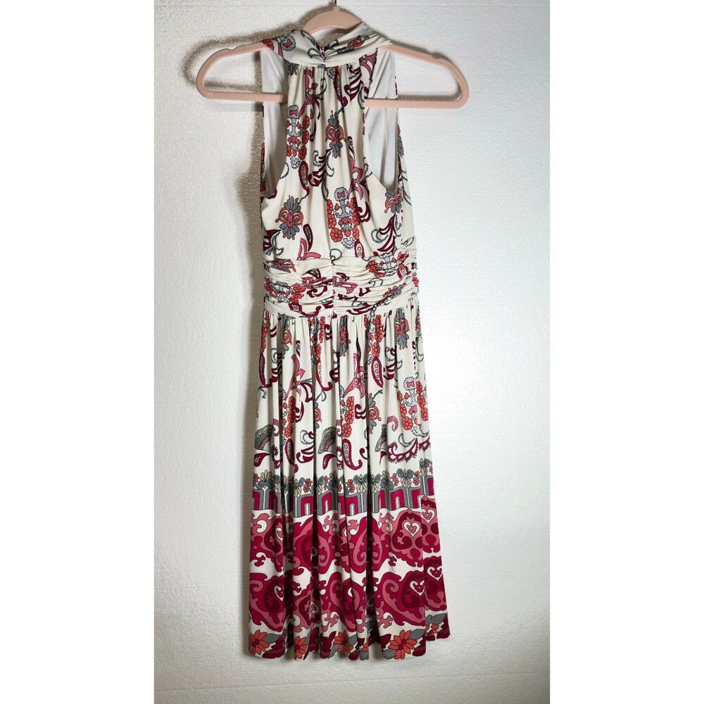 Evan Picone Draped Pleated Waist V-Neck Halter White Floral Paisley Dress Size 4 - Picture 3 of 12